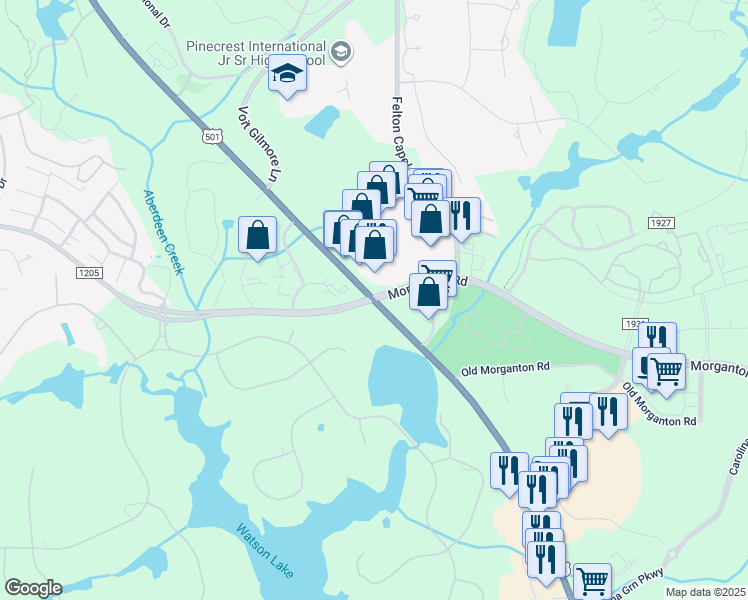 map of restaurants, bars, coffee shops, grocery stores, and more near 15 West Morganton Road in Southern Pines
