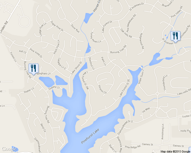 map of restaurants, bars, coffee shops, grocery stores, and more near 235 Pinyon Circle in Pinehurst