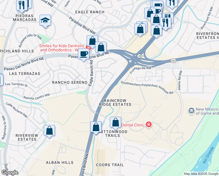 map of restaurants, bars, coffee shops, grocery stores, and more near 8201 Bluffs Edge Place Northwest in Albuquerque
