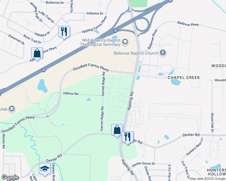 map of restaurants, bars, coffee shops, grocery stores, and more near 1945 Appling Oaks Circle in Shelby County