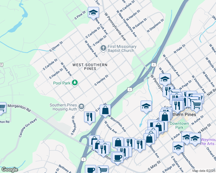 map of restaurants, bars, coffee shops, grocery stores, and more near 490 South Mechanic Street in Southern Pines