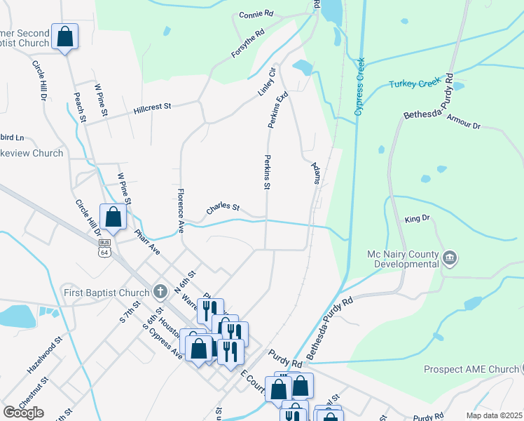 map of restaurants, bars, coffee shops, grocery stores, and more near 112 Perkins Street in Selmer