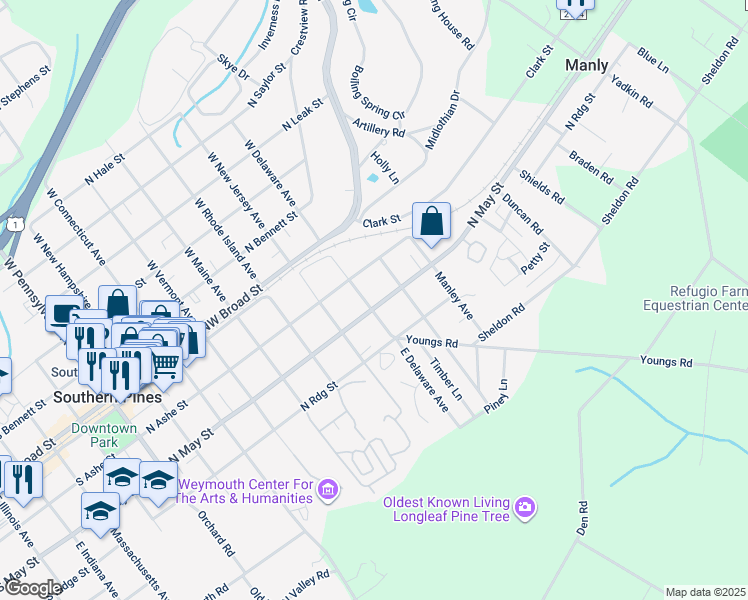 map of restaurants, bars, coffee shops, grocery stores, and more near 255 East Delaware Avenue in Southern Pines
