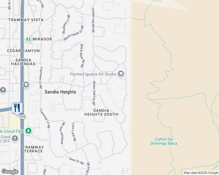map of restaurants, bars, coffee shops, grocery stores, and more near 303 Juniper Hill Road Northeast in Albuquerque