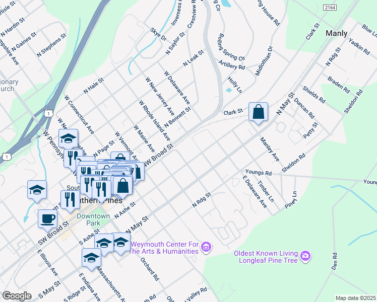map of restaurants, bars, coffee shops, grocery stores, and more near 101 East Rhode Island Avenue in Southern Pines