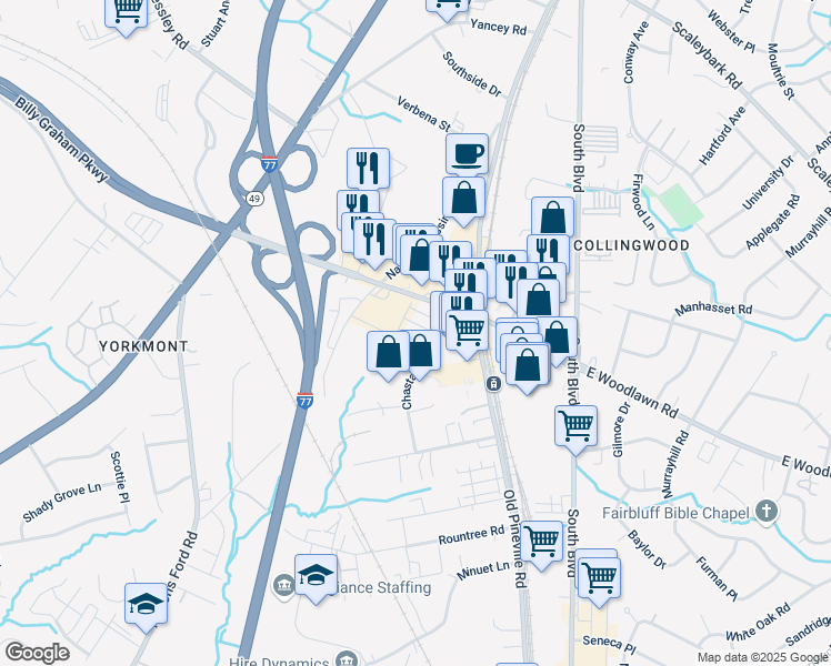 map of restaurants, bars, coffee shops, grocery stores, and more near 200 E Woodlawn Rd in Charlotte