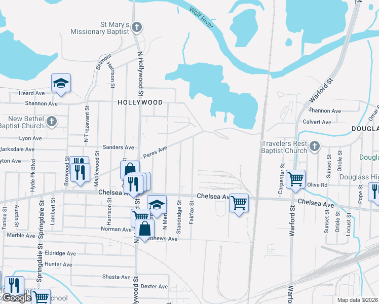 map of restaurants, bars, coffee shops, grocery stores, and more near 1538 Standridge Street in Memphis