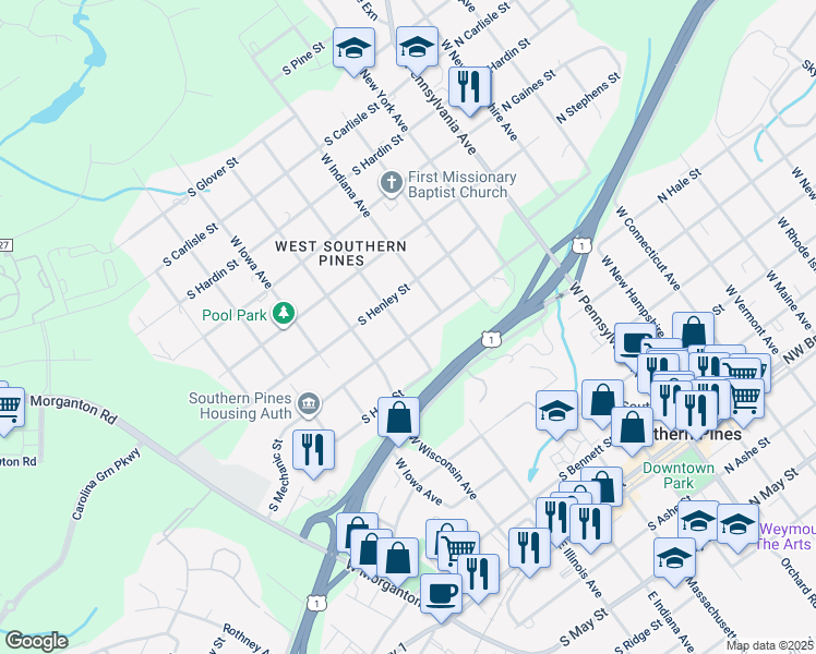 map of restaurants, bars, coffee shops, grocery stores, and more near 490 South Mechanic Street in Southern Pines