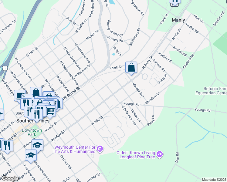 map of restaurants, bars, coffee shops, grocery stores, and more near 255 East Delaware Avenue in Southern Pines