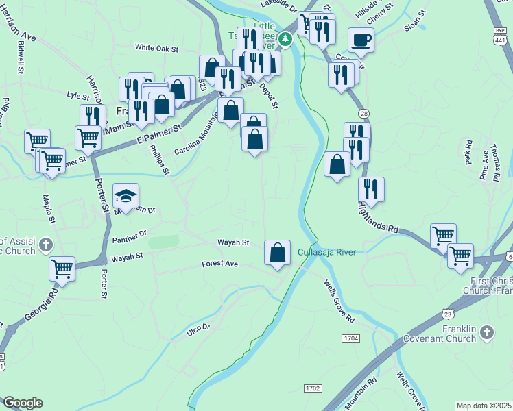 map of restaurants, bars, coffee shops, grocery stores, and more near 126 Depot Street in Franklin