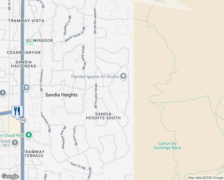 map of restaurants, bars, coffee shops, grocery stores, and more near 303 Juniper Hill Road Northeast in Albuquerque