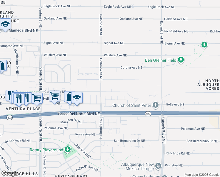 map of restaurants, bars, coffee shops, grocery stores, and more near 9750 Anaheim Avenue Northeast in Albuquerque