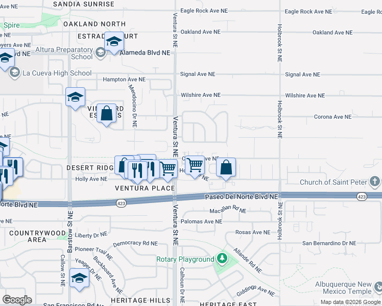 map of restaurants, bars, coffee shops, grocery stores, and more near 9026 Berryessa Road Northeast in Albuquerque