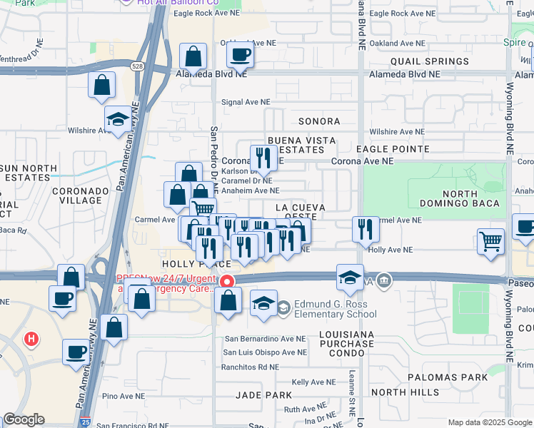 map of restaurants, bars, coffee shops, grocery stores, and more near 8319 Santa Clarita Street Northeast in Albuquerque