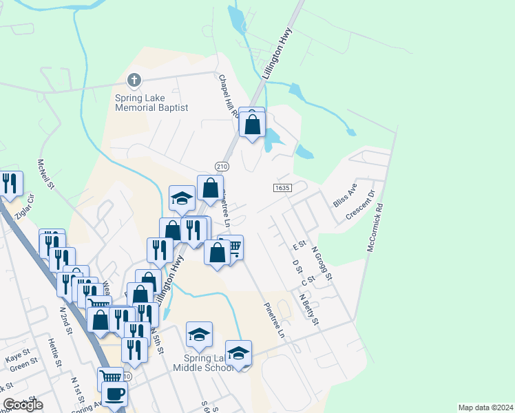 map of restaurants, bars, coffee shops, grocery stores, and more near 1301 King Street in Spring Lake