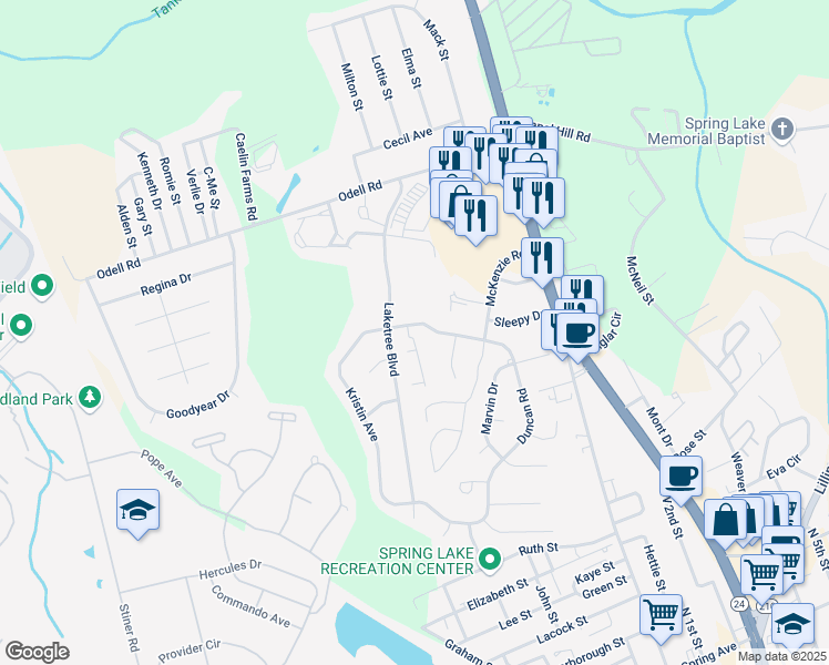 map of restaurants, bars, coffee shops, grocery stores, and more near 31 Duncan Road in Spring Lake
