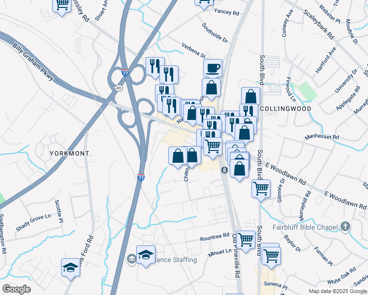 map of restaurants, bars, coffee shops, grocery stores, and more near 202 E Woodlawn Rd in Charlotte