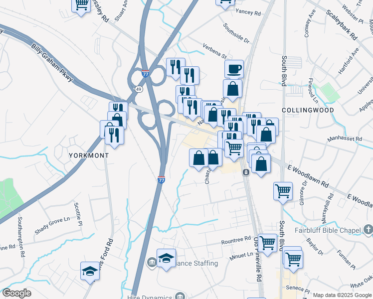 map of restaurants, bars, coffee shops, grocery stores, and more near 5019 Nations Crossing Road in Charlotte