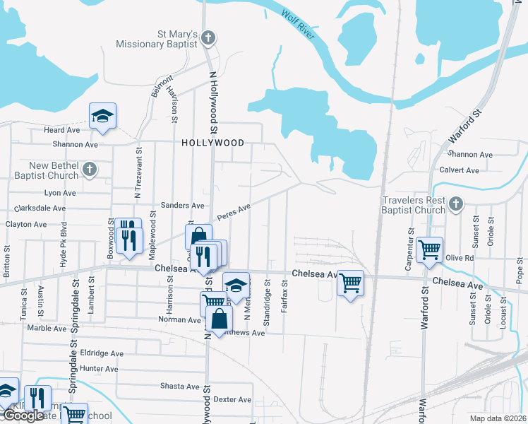 map of restaurants, bars, coffee shops, grocery stores, and more near 1538 Standridge Street in Memphis
