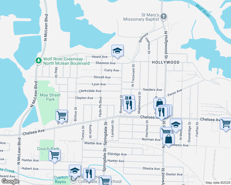 map of restaurants, bars, coffee shops, grocery stores, and more near 2252 Clarksdale Avenue in Memphis