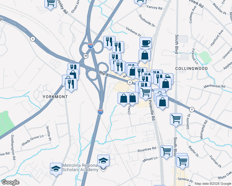 map of restaurants, bars, coffee shops, grocery stores, and more near 6026 Station Crossing Avenue in Charlotte