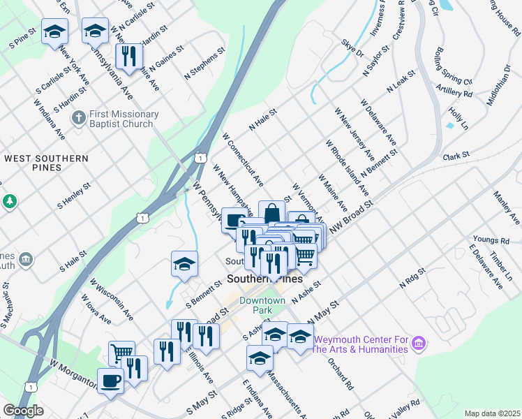 map of restaurants, bars, coffee shops, grocery stores, and more near North Page Street in Southern Pines