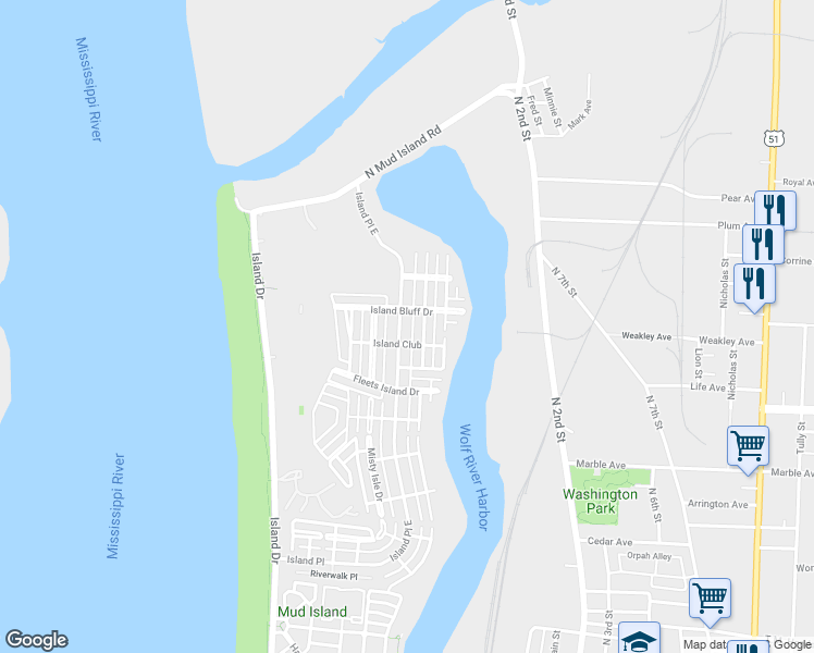 map of restaurants, bars, coffee shops, grocery stores, and more near 1370 Island Place East in Memphis