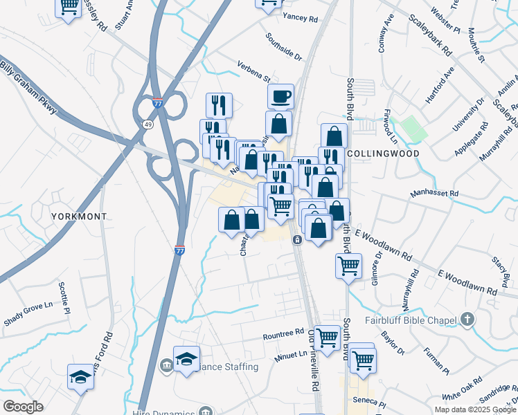 map of restaurants, bars, coffee shops, grocery stores, and more near 200 E Woodlawn Rd in Charlotte