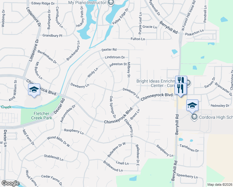 map of restaurants, bars, coffee shops, grocery stores, and more near 8950 Dewberry Lane in Memphis