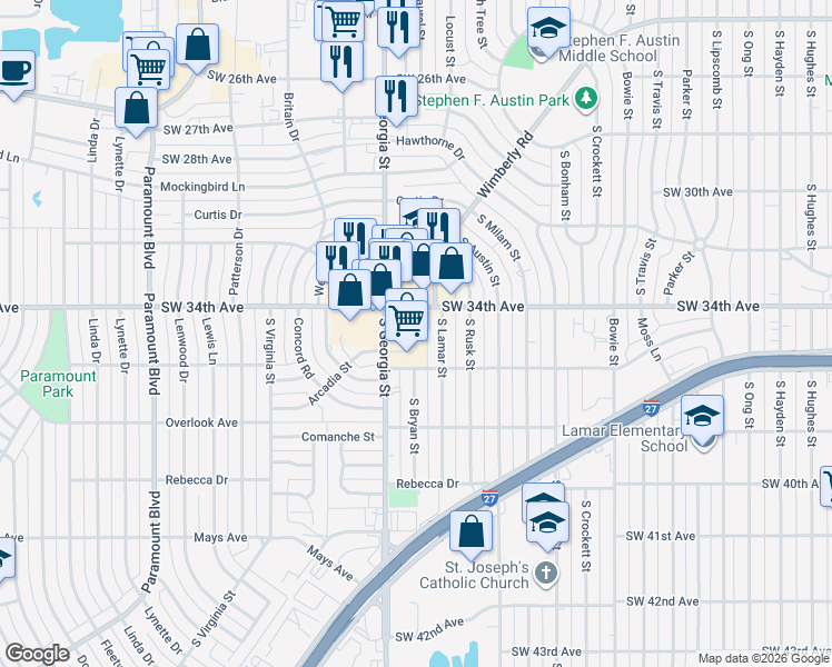 map of restaurants, bars, coffee shops, grocery stores, and more near 3405 S Georgia St in Amarillo