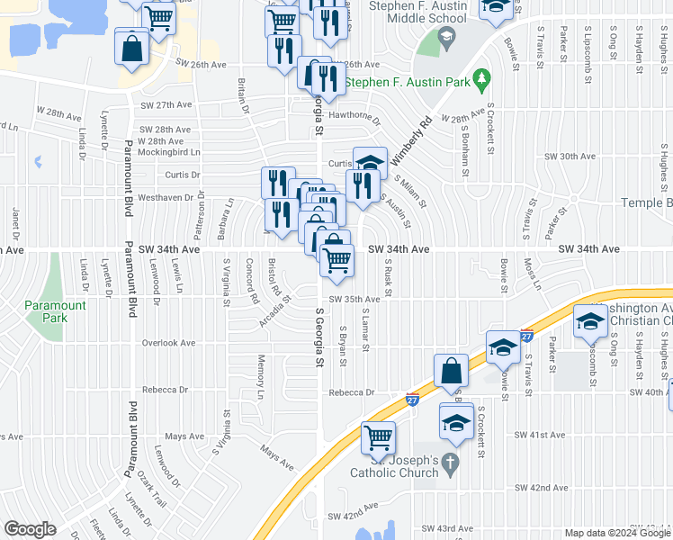 map of restaurants, bars, coffee shops, grocery stores, and more near 3405 South Georgia Street in Amarillo