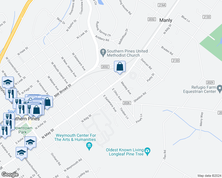 map of restaurants, bars, coffee shops, grocery stores, and more near 895 North May Street in Southern Pines