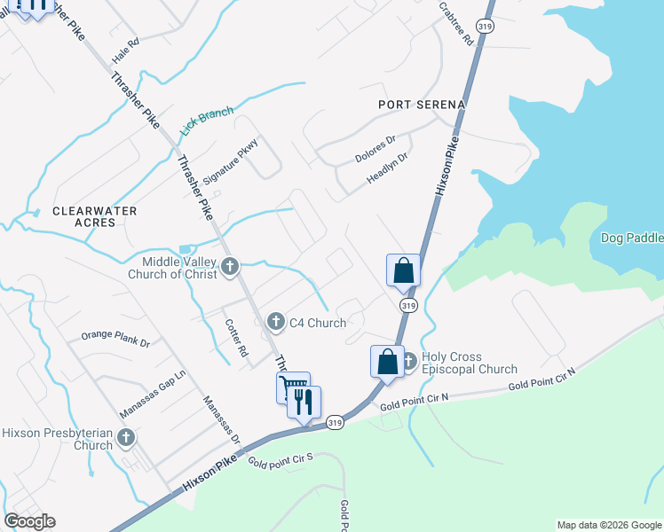 map of restaurants, bars, coffee shops, grocery stores, and more near 7367 Hixson Pike in Middle Valley