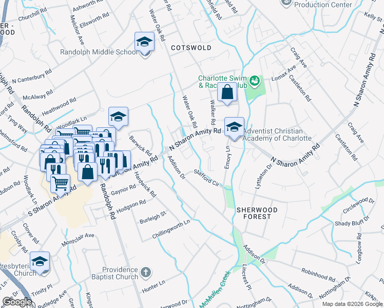 map of restaurants, bars, coffee shops, grocery stores, and more near in Charlotte