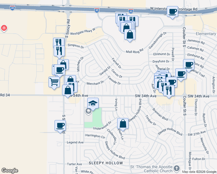 map of restaurants, bars, coffee shops, grocery stores, and more near 3300 Clabern Drive in Amarillo