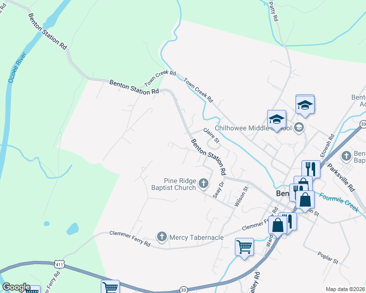 map of restaurants, bars, coffee shops, grocery stores, and more near 126 Swann Drive in Benton