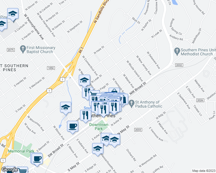 map of restaurants, bars, coffee shops, grocery stores, and more near 289 West Connecticut Avenue in Southern Pines