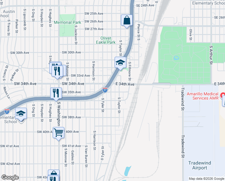 map of restaurants, bars, coffee shops, grocery stores, and more near 3405 South Polk Street in Amarillo