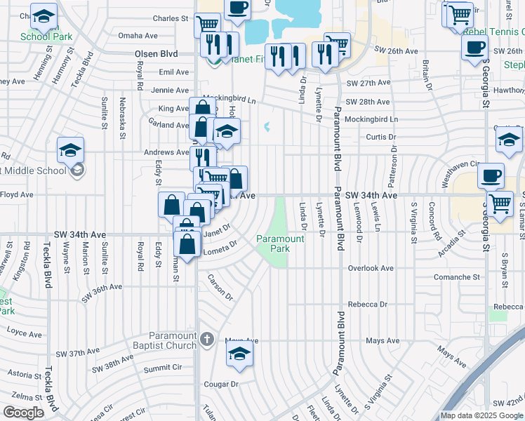 map of restaurants, bars, coffee shops, grocery stores, and more near 3403 Lometa Drive in Amarillo