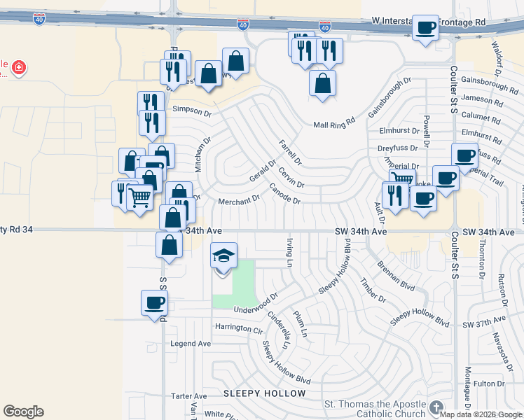 map of restaurants, bars, coffee shops, grocery stores, and more near 7905 Merchant Drive in Amarillo