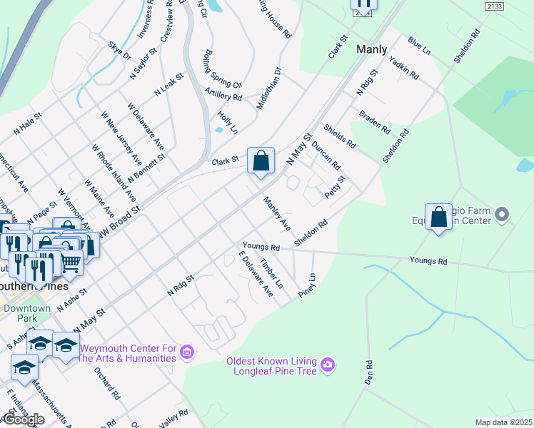 map of restaurants, bars, coffee shops, grocery stores, and more near 360 Manley Avenue in Southern Pines