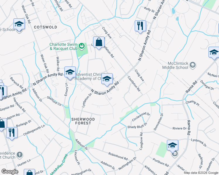 map of restaurants, bars, coffee shops, grocery stores, and more near 1145 North Sharon Amity Road in Charlotte
