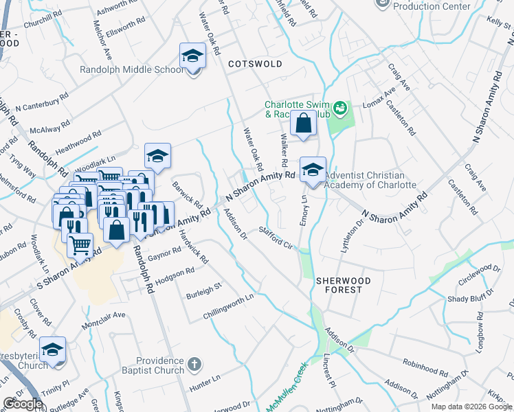 map of restaurants, bars, coffee shops, grocery stores, and more near in Charlotte