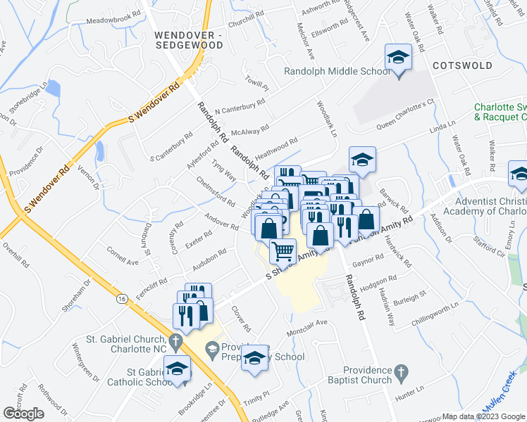 map of restaurants, bars, coffee shops, grocery stores, and more near 4520 Woodlark Lane in Charlotte