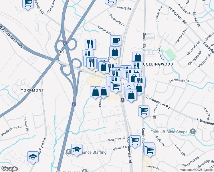map of restaurants, bars, coffee shops, grocery stores, and more near 200 E Woodlawn Rd in Charlotte
