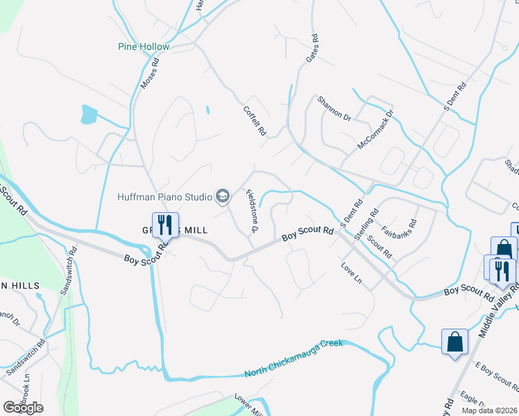 map of restaurants, bars, coffee shops, grocery stores, and more near 1118 Fieldstone Drive in Middle Valley