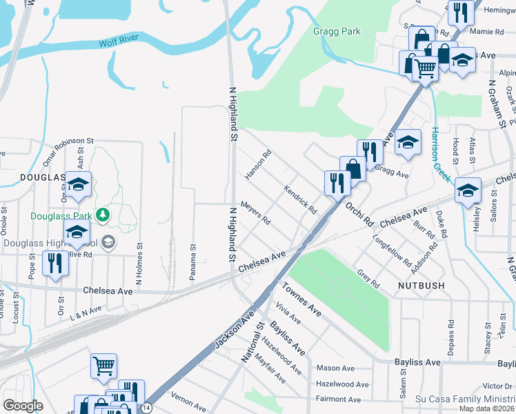 map of restaurants, bars, coffee shops, grocery stores, and more near 3506 Meyers Road in Memphis