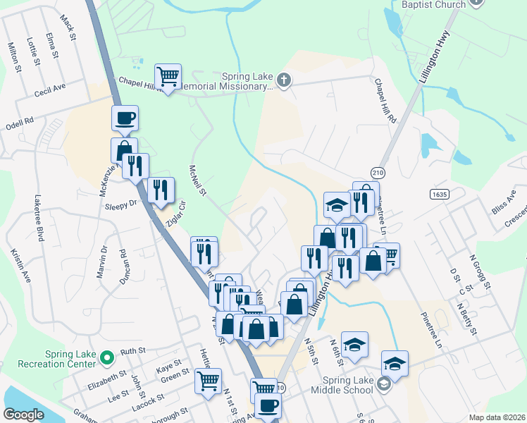 map of restaurants, bars, coffee shops, grocery stores, and more near 619 Maxie Loop in Spring Lake