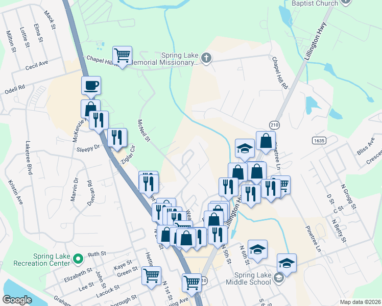 map of restaurants, bars, coffee shops, grocery stores, and more near 617-619 Maxie Loop in Spring Lake