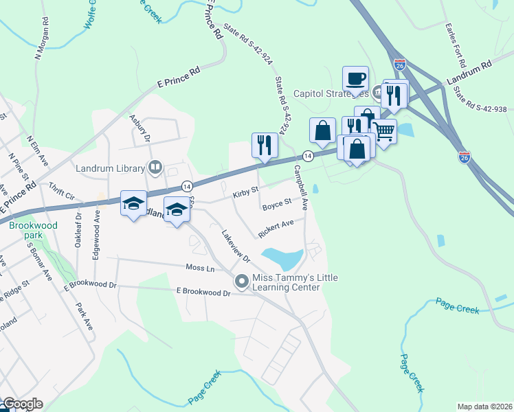 map of restaurants, bars, coffee shops, grocery stores, and more near 207 Boyce Street in Landrum